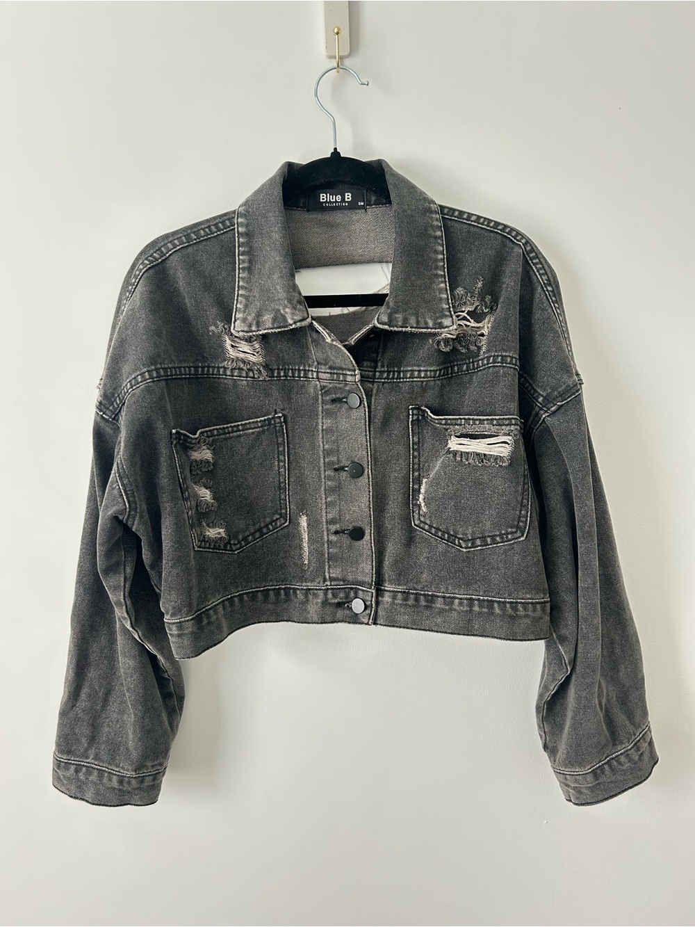 Blue B Cropped Distressed Denim Jacket - Washed Black Size S/M